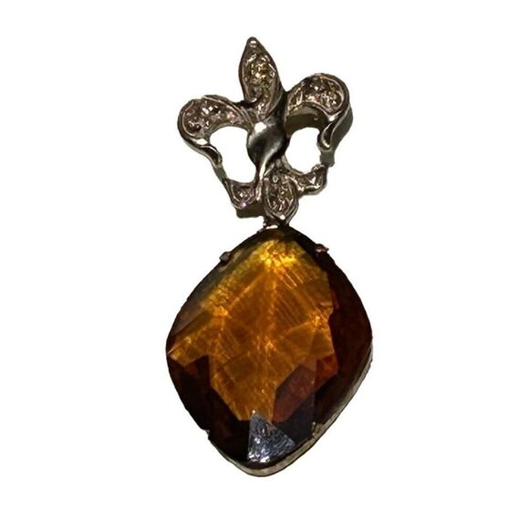 Vtg Fleur De Lis Glass Crystal Brooch Large Amber Colored Glass Stone Silvertone - Picture 2 of 7